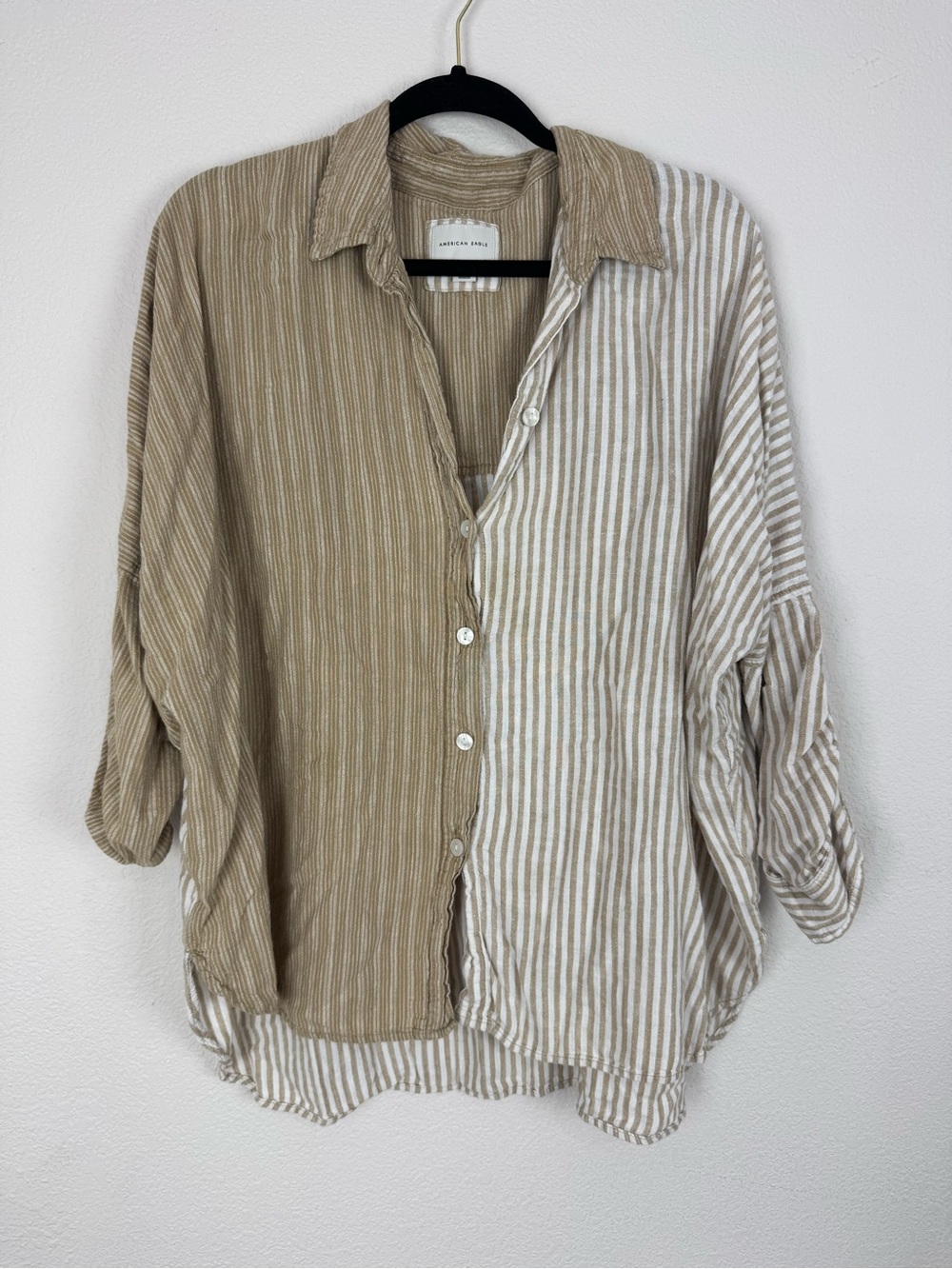 American Eagle Tan Stripe Button Down Beachy Coastal Lightweight Long Sleeve Top